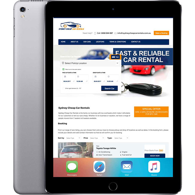 Sydney Cheap Car Rentals Tablet Layout